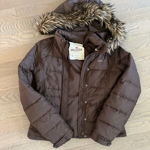 Hollister Brown Kids Puffer Jacket with Faux Fur Trim Hood